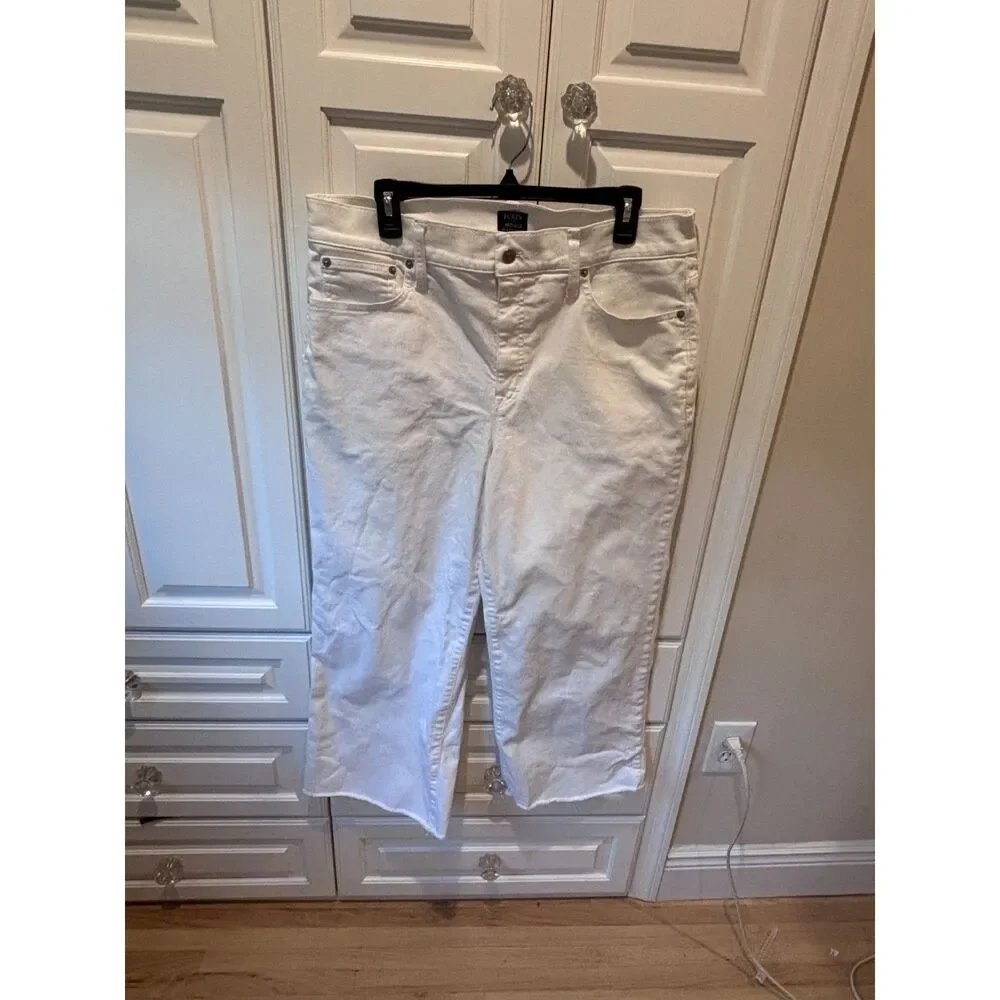 J.Crew Mid Rise Flare Crop Jeans White Raw Hem Stretch Denim Women's Size 33